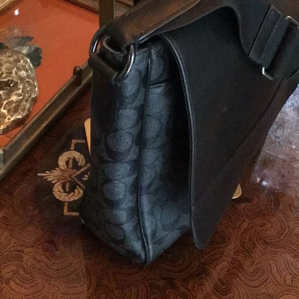 Coach Black Messenger Flap Bag with Leather Trim Houston Map